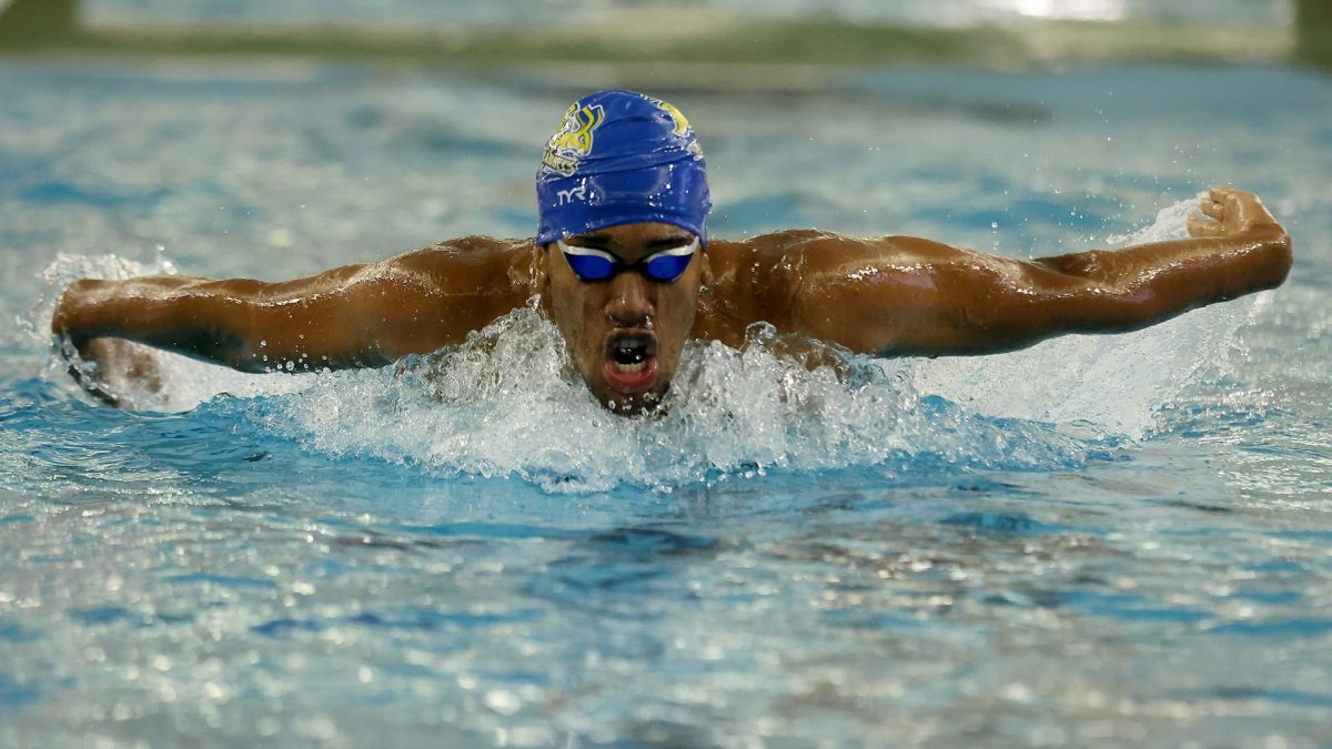Denilson Cyprianos competes at the Coyote Invite at the Midco Aquatic Center on February 3, 2024 in Sioux Falls.