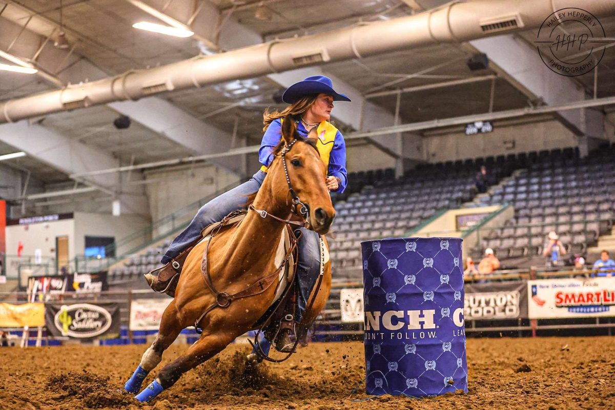 Makenna+Schentzel+competing+in+the+barrel+racing+event+at+this+year%E2%80%99s+rodeo.+In+this+event%2C+a+rider+attempts+to+race+around+barrels+in+a+cloverleaf+pattern.+If+a+rider+knocks+over+a+barrel+a+five+second+penalty+is+added+to+their+time.
