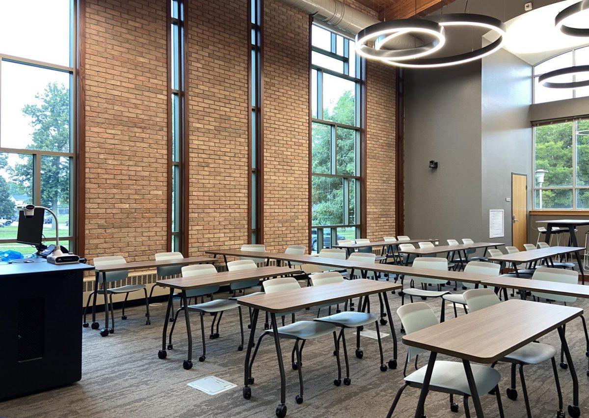 A newly renovated classroom in the Thompson Center, formerly the Wintrode Student Success Center, furnished with new lighting, technology and furniture.