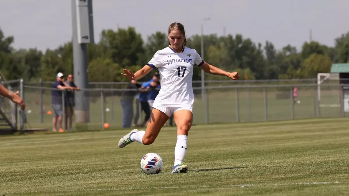 Graduate student Katherine Jone dribbling the ball down field. Jone has been named to the  Summit League Championship 
All-Tournament Team three times (2021, 2022 and 2023).