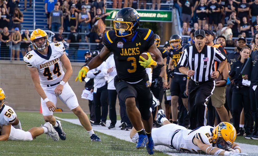 Amar Johnson breaking a tackle to extend the play. Johnson finished with 126 rushing yards in SDSU's 24-3 victory over Augustana.