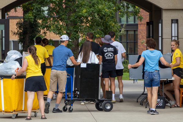 Volunteers and family members help move in the newest freshman class. “We are excited to have welcomed them from around the state, the region and the world as they learn and grow during such an important time in their lives. It is a privilege to help and guide them along this journey.” SDSU President Barry Dunn said.