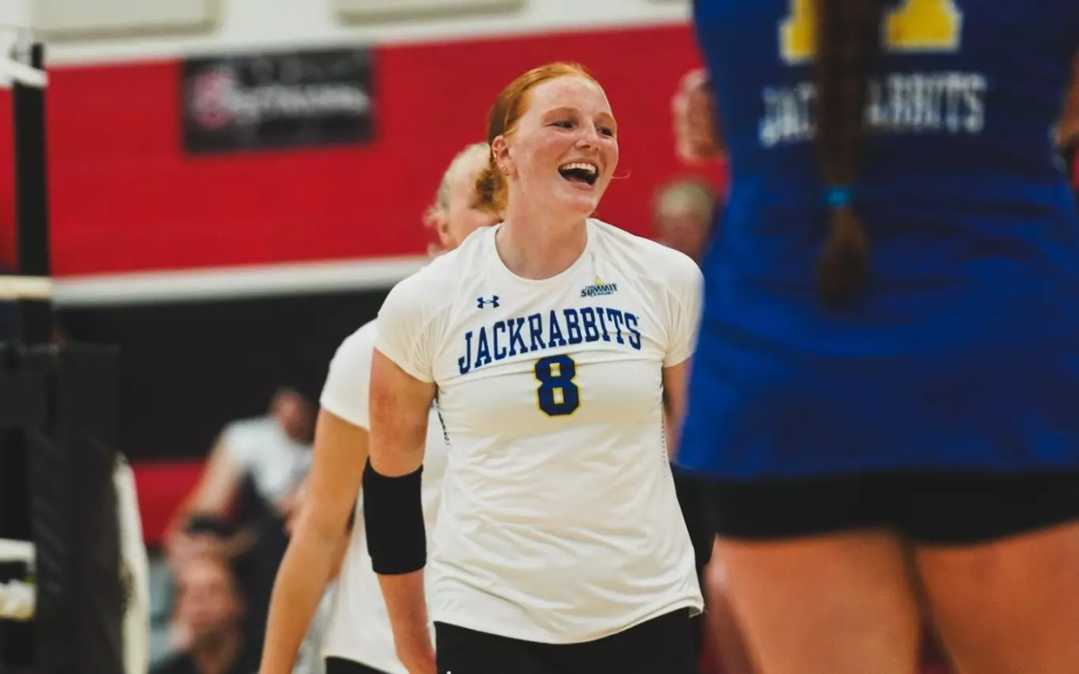 South Dakota State's Madison Burr celebrates after a point during an exhibition volleyball game against Sioux Falls Friday, Aug. 23, 2024, at Brookings High School.