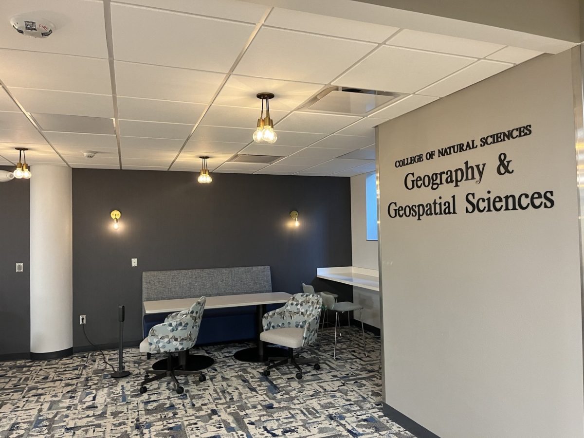 New lounge space for students in the Wecota Hall basement with new furniture and lighting.