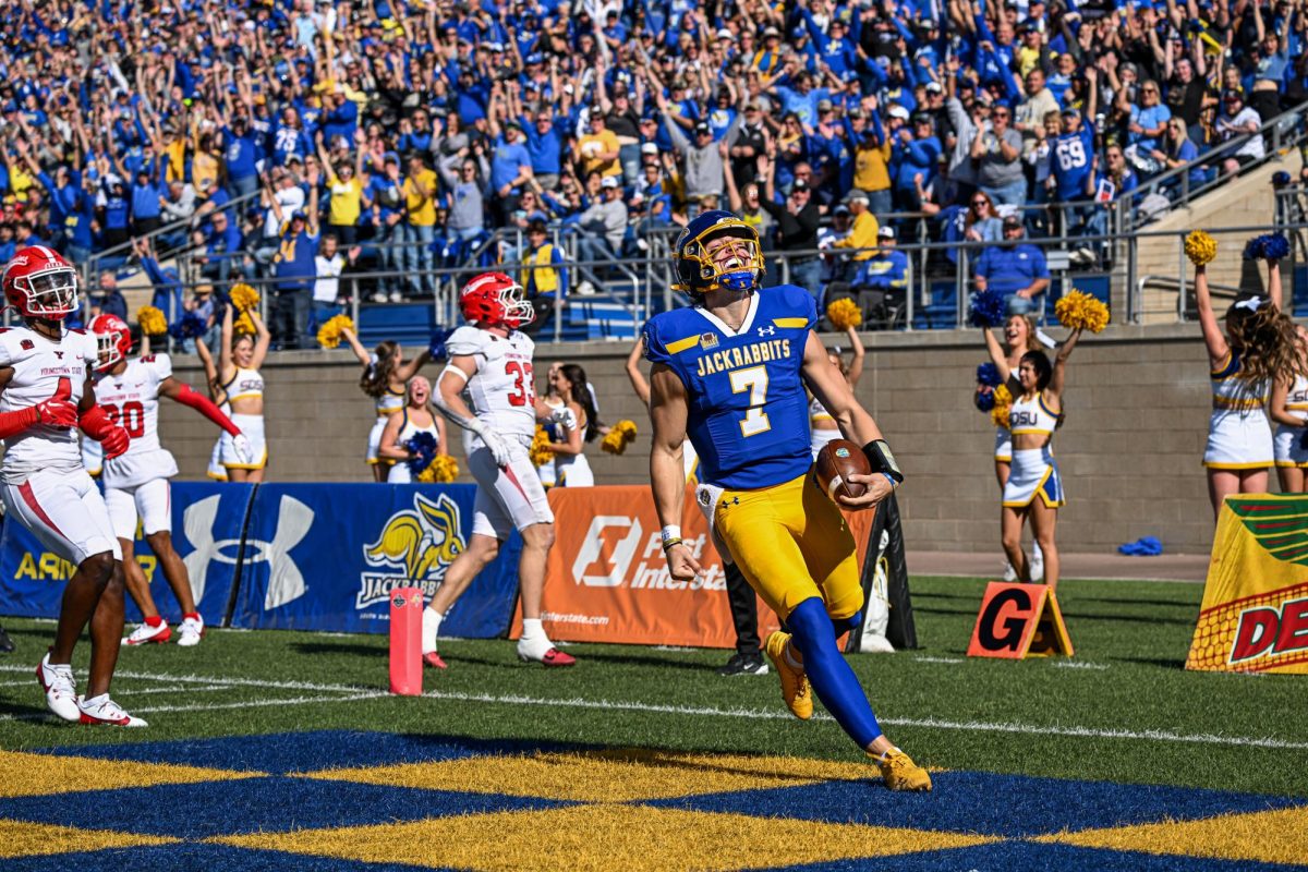 Chase Mason runs into the endzone for one of his two touchdowns during a 63-13 Hobo Day win over Youngstown State  on Saturday, October 12. Mason racked up 161 yards on the ground to lead the Jackrabbits.