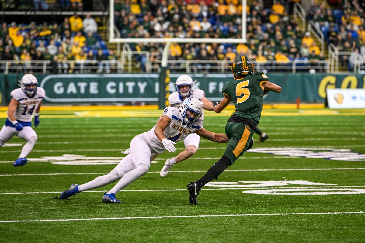 SDSU cornerback Steven Arell goes in for a tackle against North Dakota State wide receiver Bryce Lance in South Dakota State’s loss to NDSU 13-9 last Saturday. Bryce Lance of Marshall, Minnesota is the younger brother of former NDSU and present day Dallas Cowboys quarterback Trey Lance.