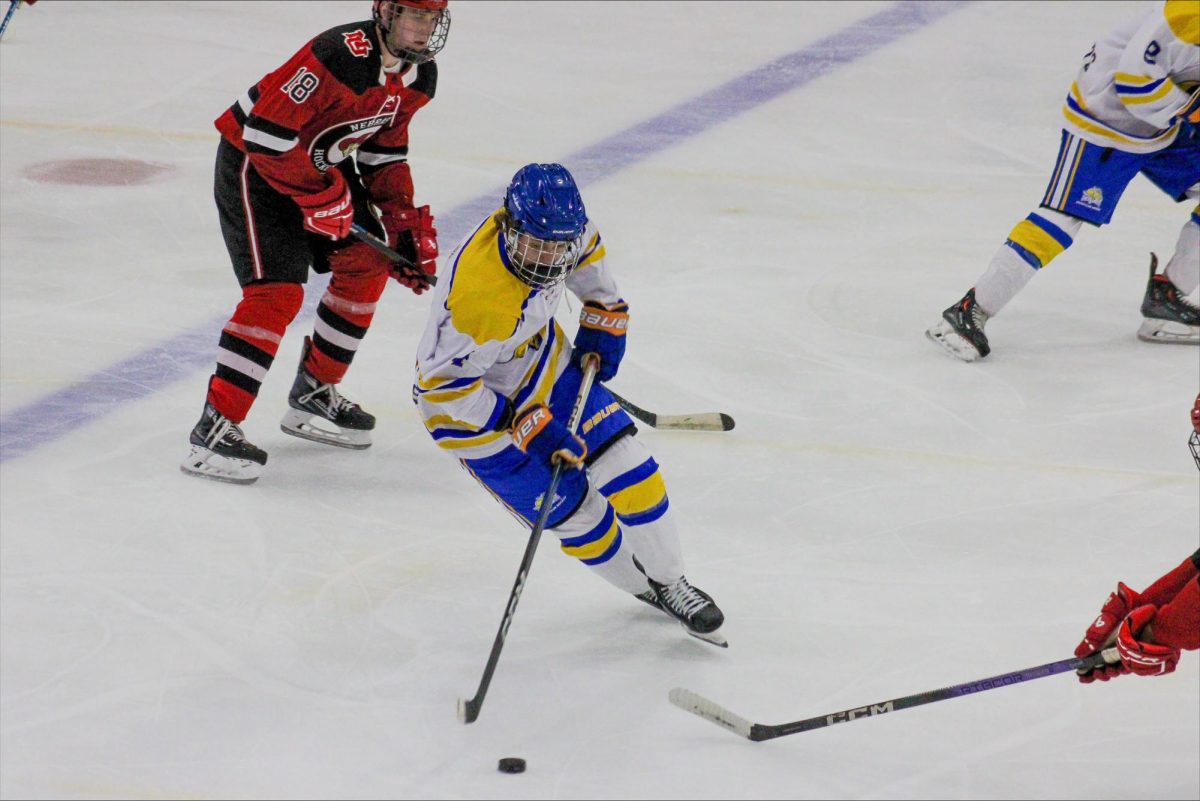 SDSU's club hockey team tries to get past a defender during a hockey game against Nebraska at Larson Ice Center in Brookings, on Friday, Sept. 26, 2024