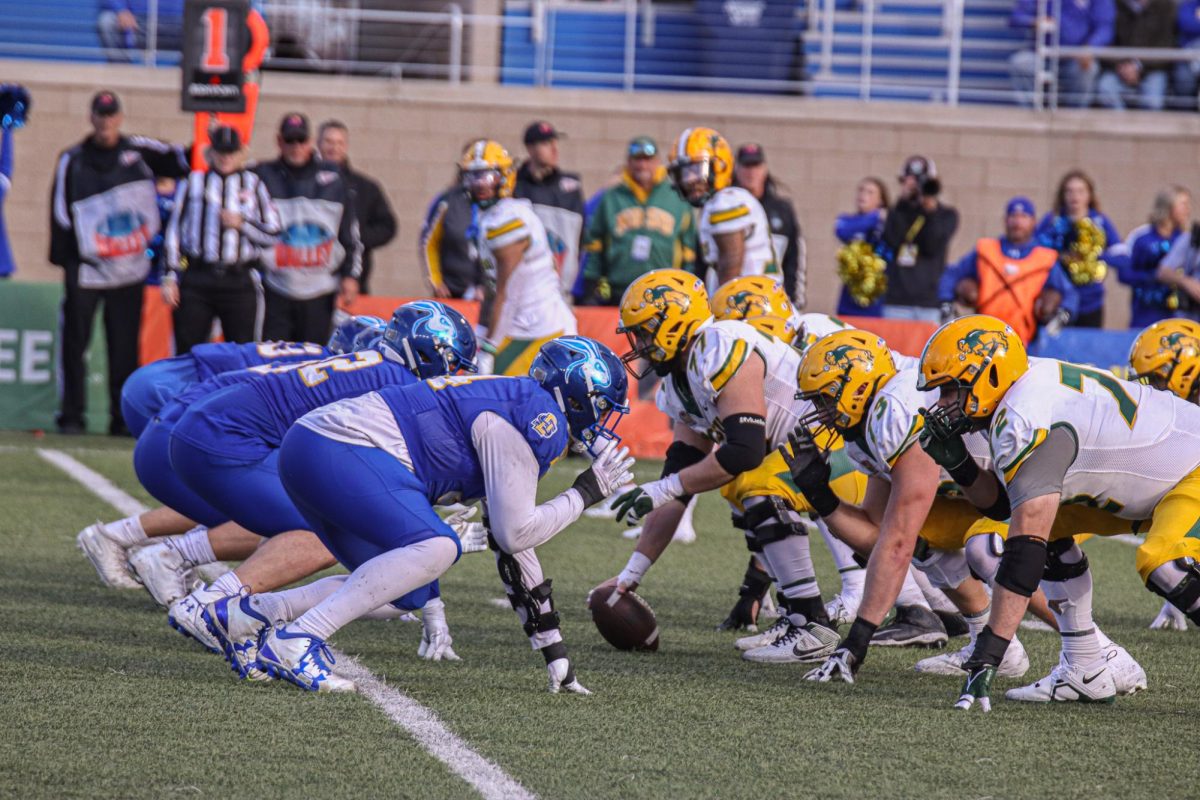 The South Dakota State defense lines up opposite the North Dakota State offense during last years Dakota Marker game in Brookings. The two rivals are set to clash on national television next week in Fargo.