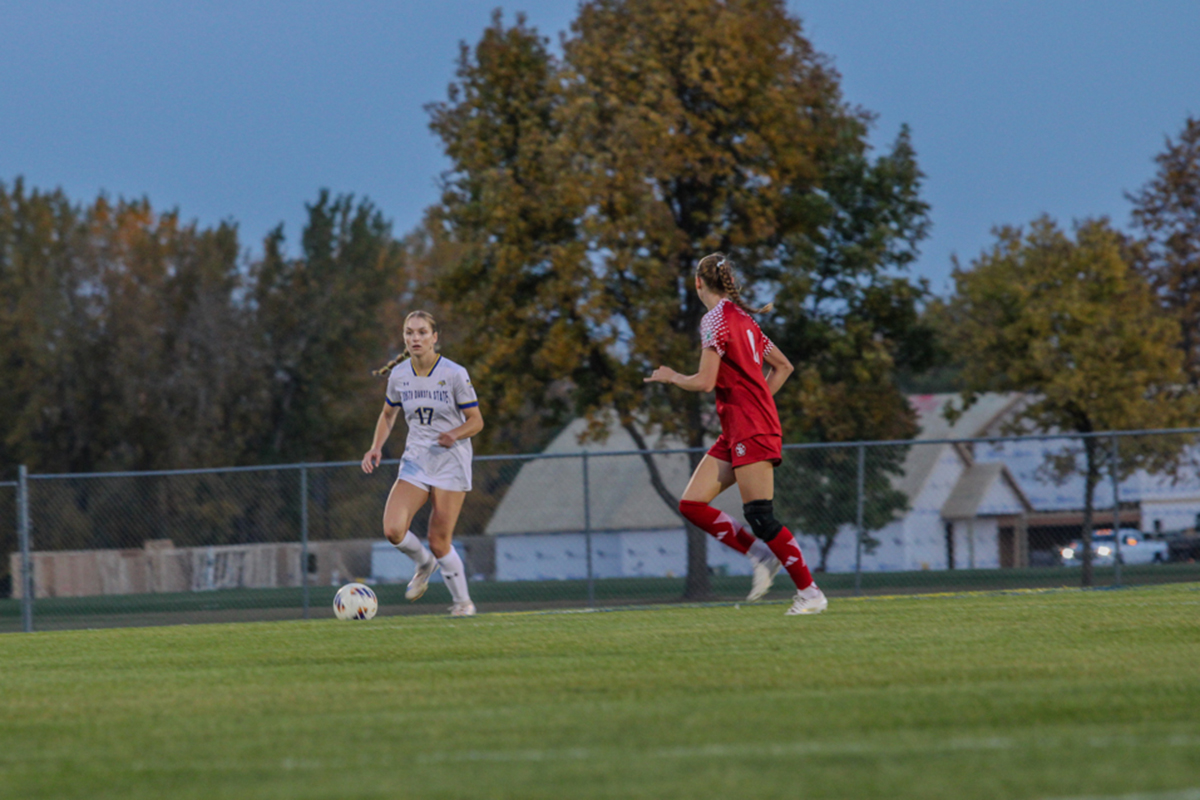 Kathrine Jones with the ball in South Dakota State's 1-1 tie against South Dakota on Oct. 11. Jones is a graduate student from Minnesota.