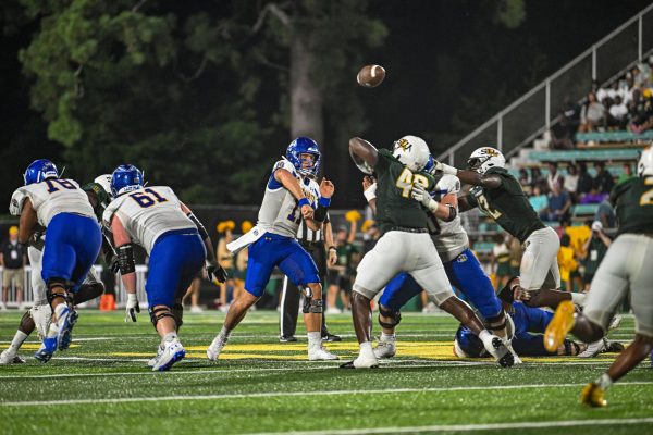 Gus Miller (#50), Evan Beerntsen (#61) and Marcus Hicks (#78) protecting quarterback Mark Gronowski in their blowout win over the  Southeastern Louisiana Lions earlier this season.