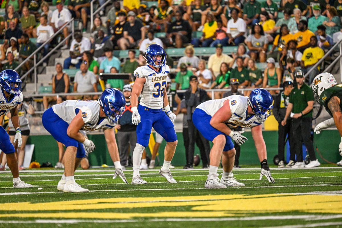 Bock lines up with the South Dakota State defense in SDSU’s 41-0 blowout over the Southeastern Liousiana Lions on Sept. 21. In the game, Bock recorded seven total tackles, two solos and five coming off of assists.