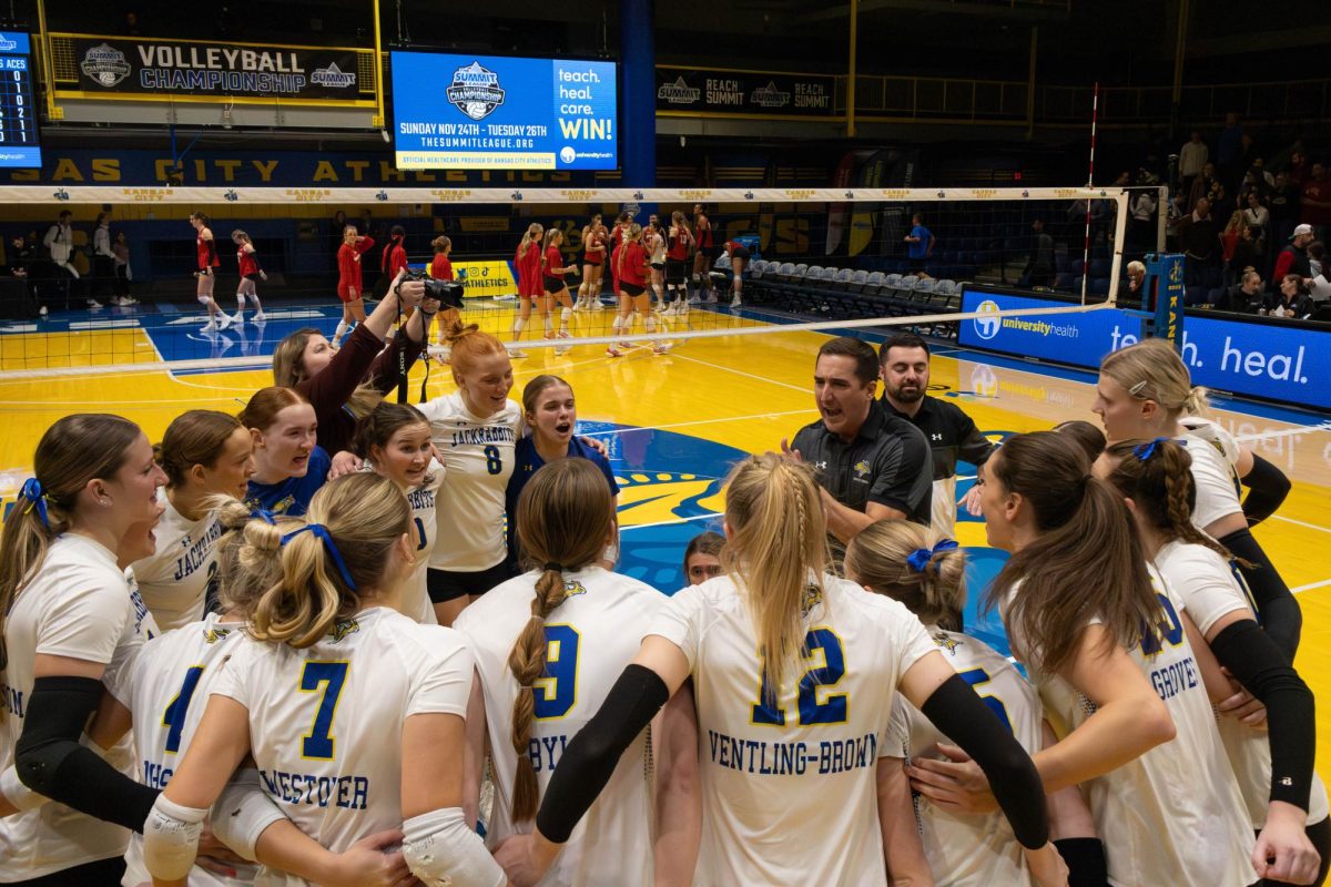 The South Dakota State volleyball team celebrates after defeating the Denver Pioneers 3-2 in a Summit League tournament game on Monday, Nov. 25, 2024 at the Swinney Recreation Center in Kansas City.