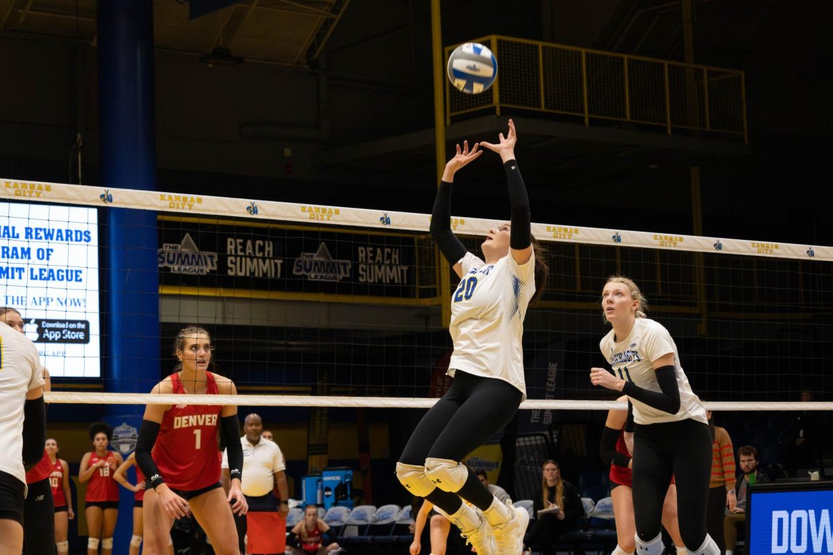 SDSU's Camryn Honn performs a back-set during a Summit League Tournament game against the Denver Pioneers on Monday, Nov. 25, 2024 at the Swinney Recreation Center in Kansas City.