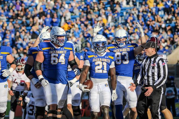 Angel Johnson scoring his only touchdown in the win over the Southern Illinois Salukis on Saturday. This season, the Jackrabbits have scored 31 rushing touchdowns throughout the course of 11 games. Angel Johnson has amounted to three of them, all scored in the last three games.