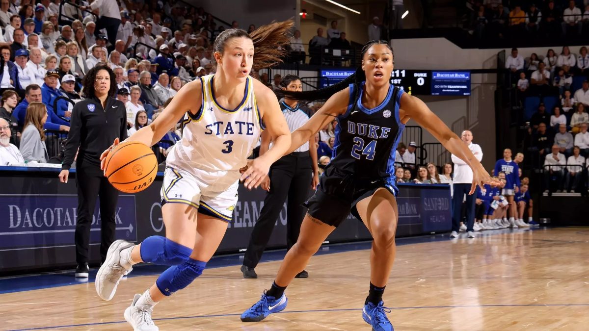 Mathiowetz driving up against a guard from the University of Duke in SDSU's narrow 71-75 loss. Mathiowets picked up eight points, two boards and an assist while shooting 3/7 from the field. The Sleepy Eye, Minnesota native holds fourth spot in Minnesota State history for career points in Minnesota girls state basketball history.