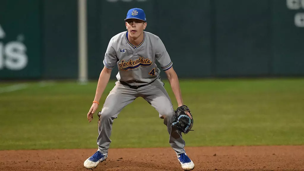 SDSU infielder Nolan Grawe in the field during the team's 14-2 loss against the Hornets