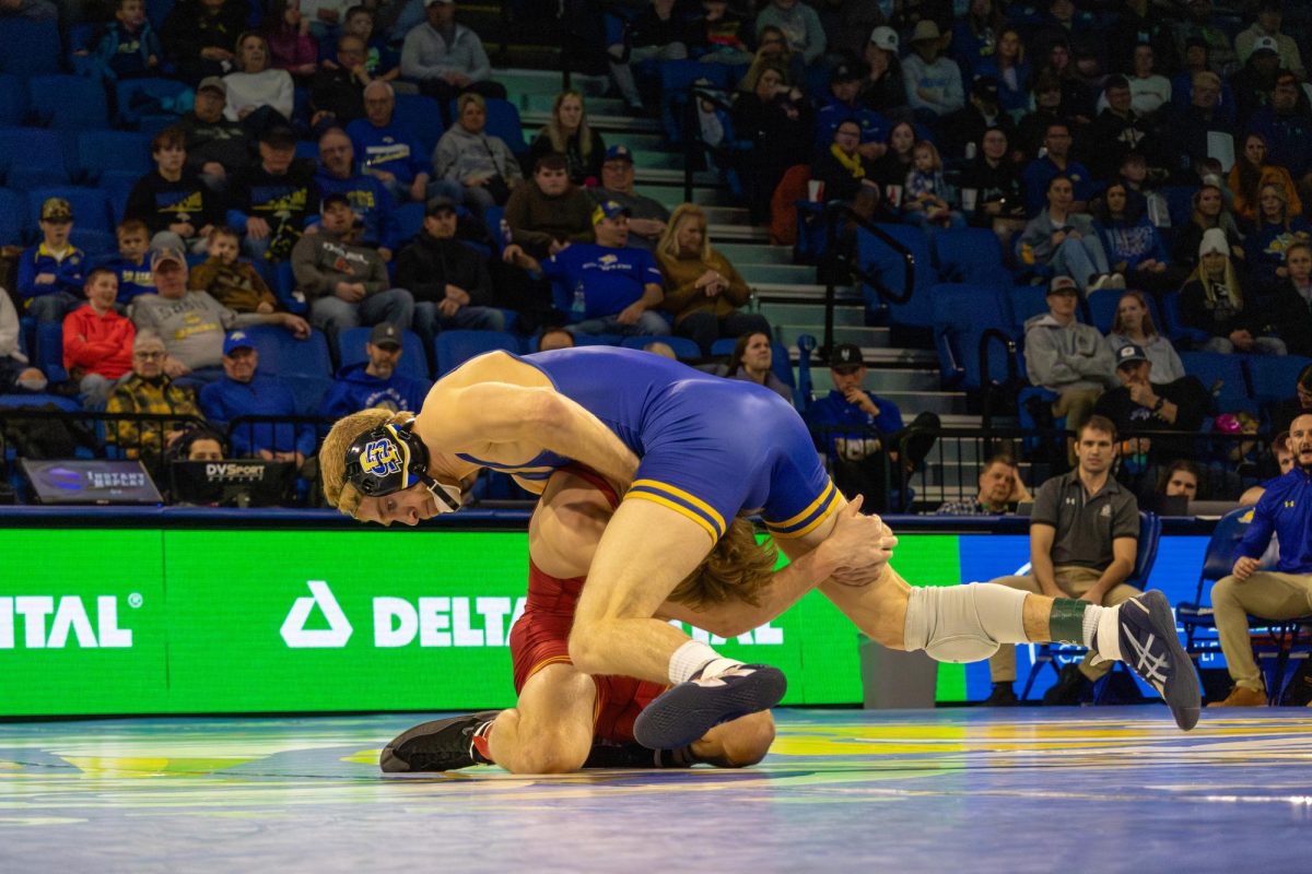 Tanner Jordan in his 6-3 victory over Ethan Perryman. This season, the Jackrabbits are 14-4 in duals. The Big 12 Championships will take place in Tulsa, Oklahoma this weekend.