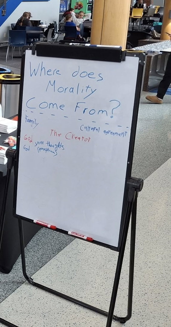 The back side of the board that stated “The Slave-Trade was Morally Evil: Agree - Disagree” on Wednesday, March 31, 2025.