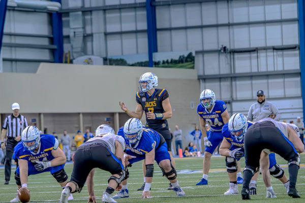 Quarterback Chase Mason (#7) in the shotgun formation  last Saturday in the Spring Game. SDSU’s defense beat SDSU’s offense 24-16.