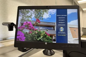 This university computer lock screen still shows the original five core values of the "Pathway to Premier 2030" strategic plan as of 10:50 a.m. on Tuesday, May 6, 2025.