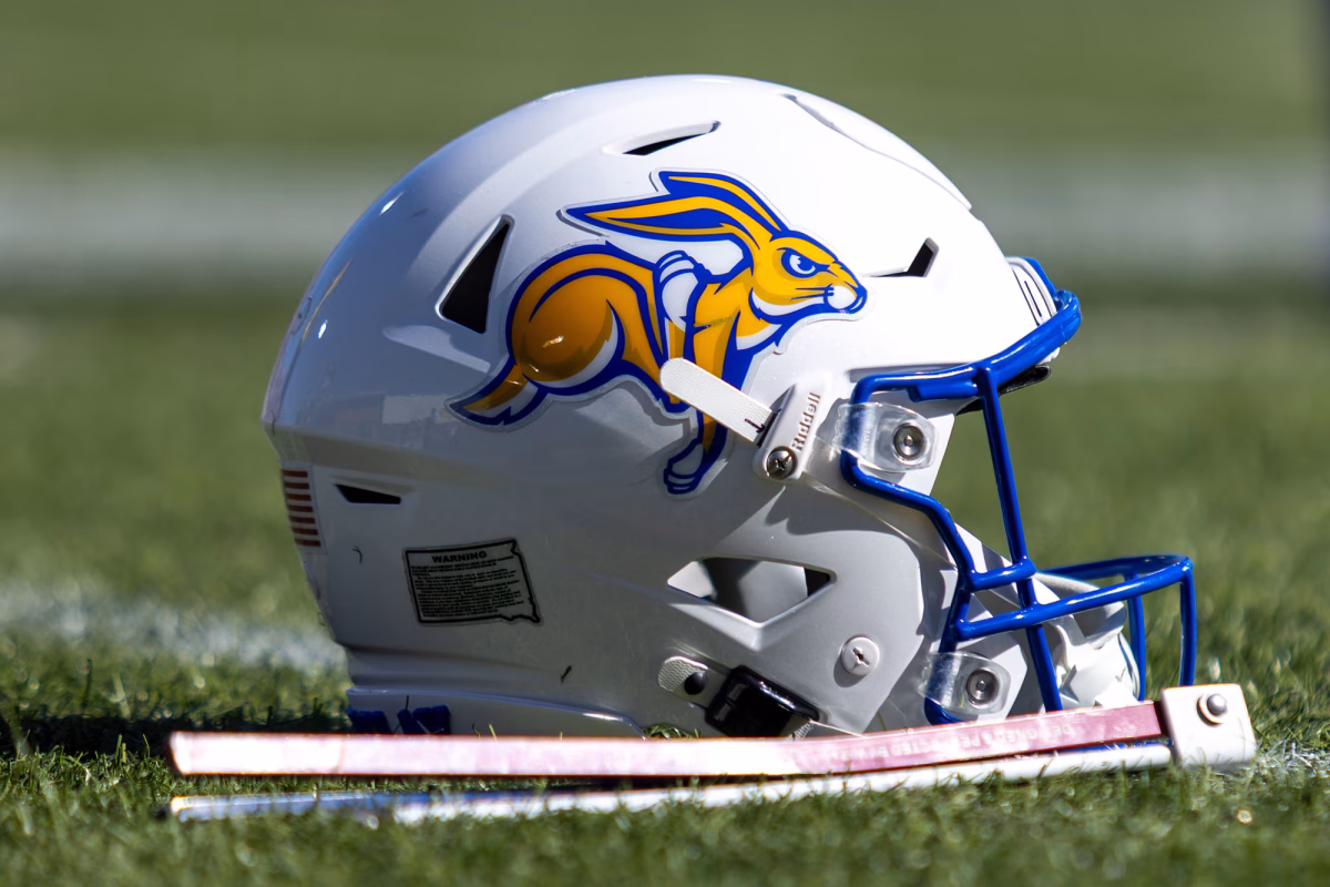 A helmet with the Jackrabbit logo sits on the field before a college football game against Mercyhurst on Sept. 27, 2025, at Dana J. Dykhouse Stadium in Brookings.