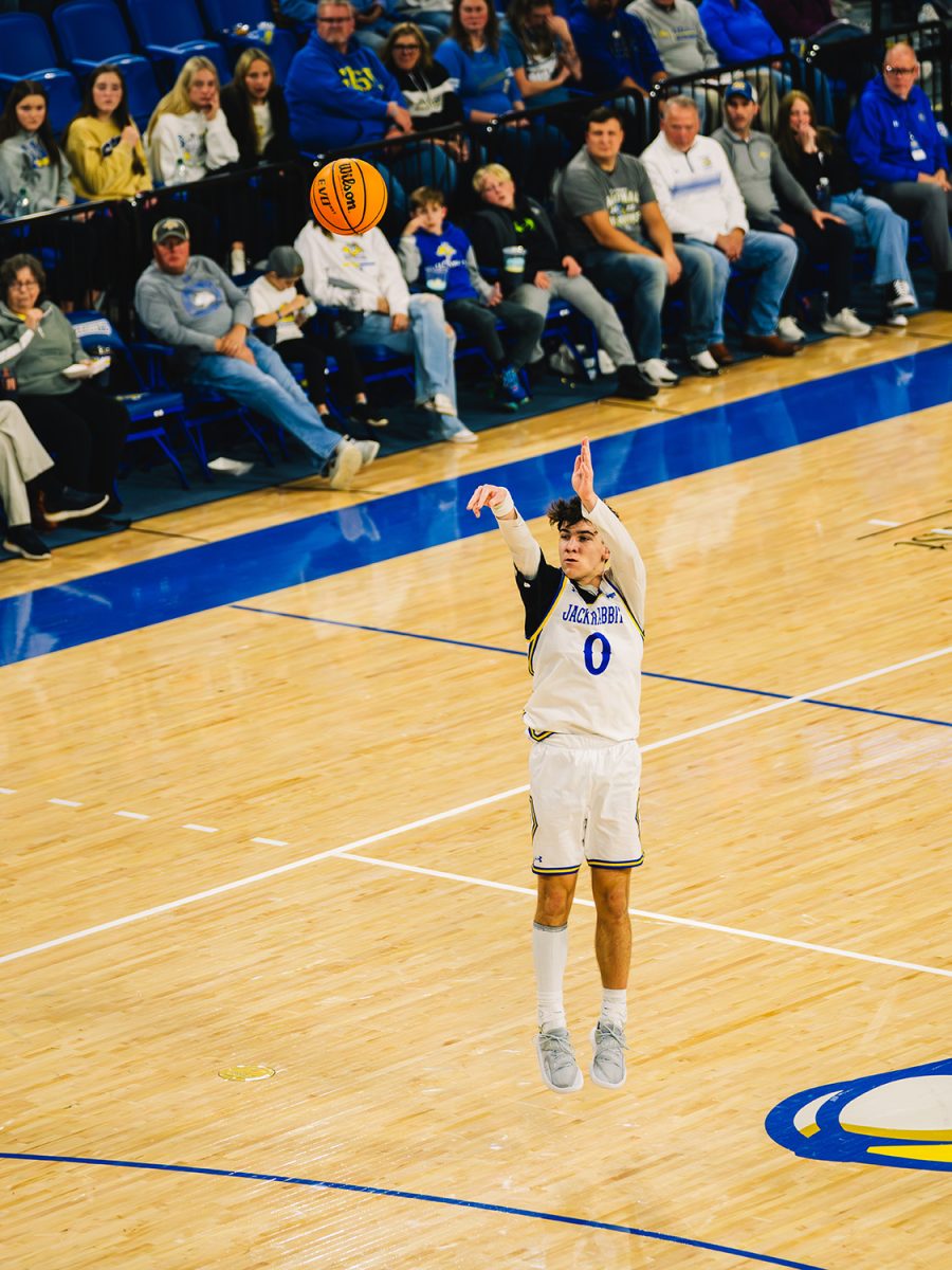 Redshirt freshman guard Trey Buchanan shoots a three against Georgia State in the Jacks 105-58 win on Friday Nov 21.