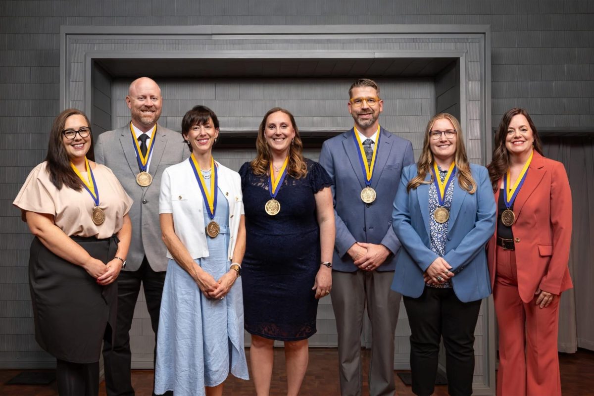 The newest endowed professors at SDSU from left to right: Lacy Knutson, Ryan Lefers, Rachel Willand-Charnley, Erin Miller, T. Michael Farley, Erica Summerfield and Karen Sanguinet. 
