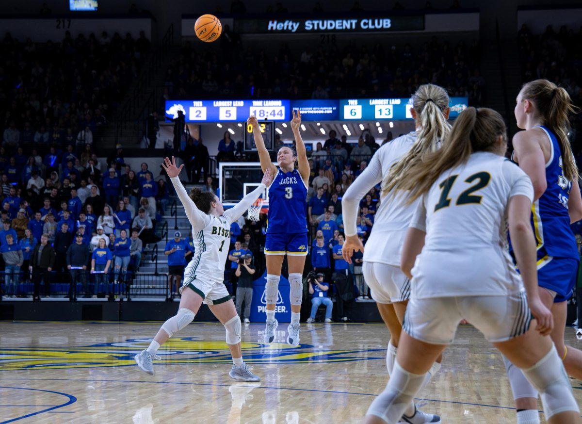 Senior guard Madison Mathiowetz attempts a three against NDSU on Jan. 17. NDSU defeated the Jackrabbits 76-68 to end the Jackrabbits streak of 67 straight wins in conference play.