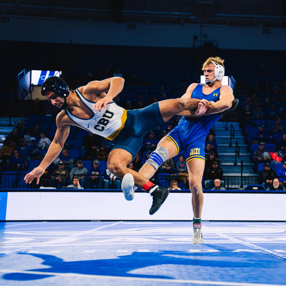 South Dakota State’s Brock Fettig takes down Cal Baptist’s David Alonso during a dual against the Lancers Friday, Jan. 23, 2026 at First Bank & Trust Arena in Brookings.
