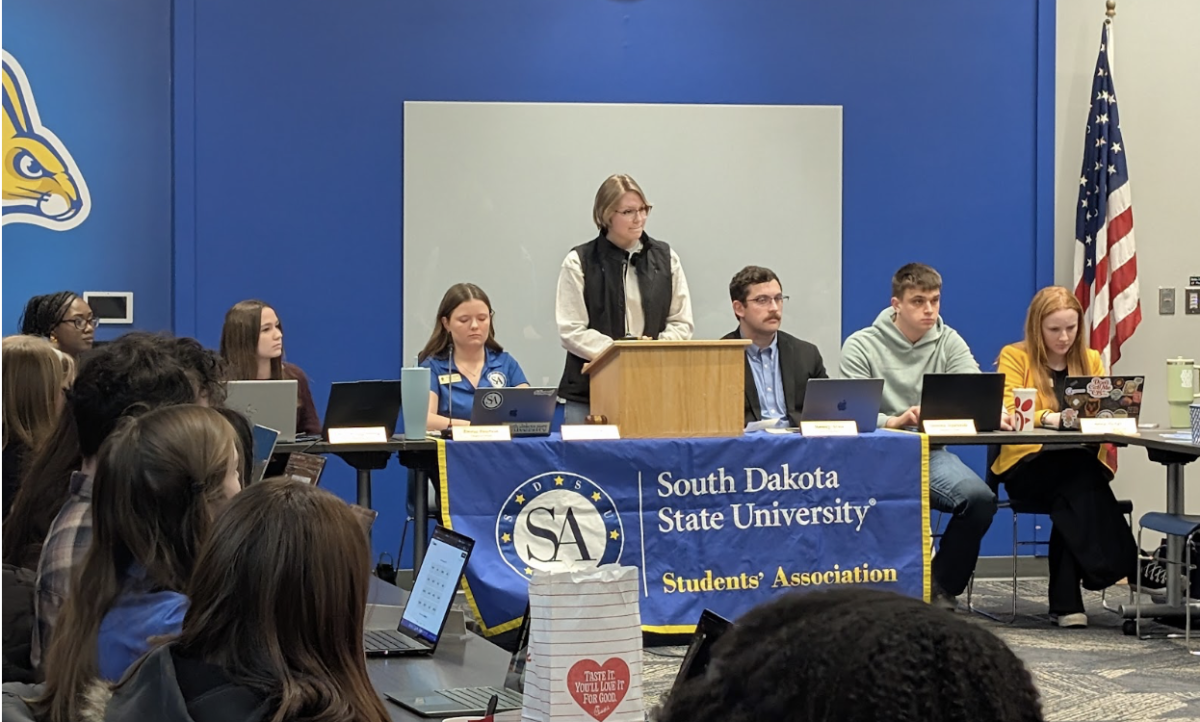 Spectrum Connection club president Allie Weber presents at Monday’s Students’ Association meeting in the Lewis and Clark room of the Student Union on Jan. 27.
