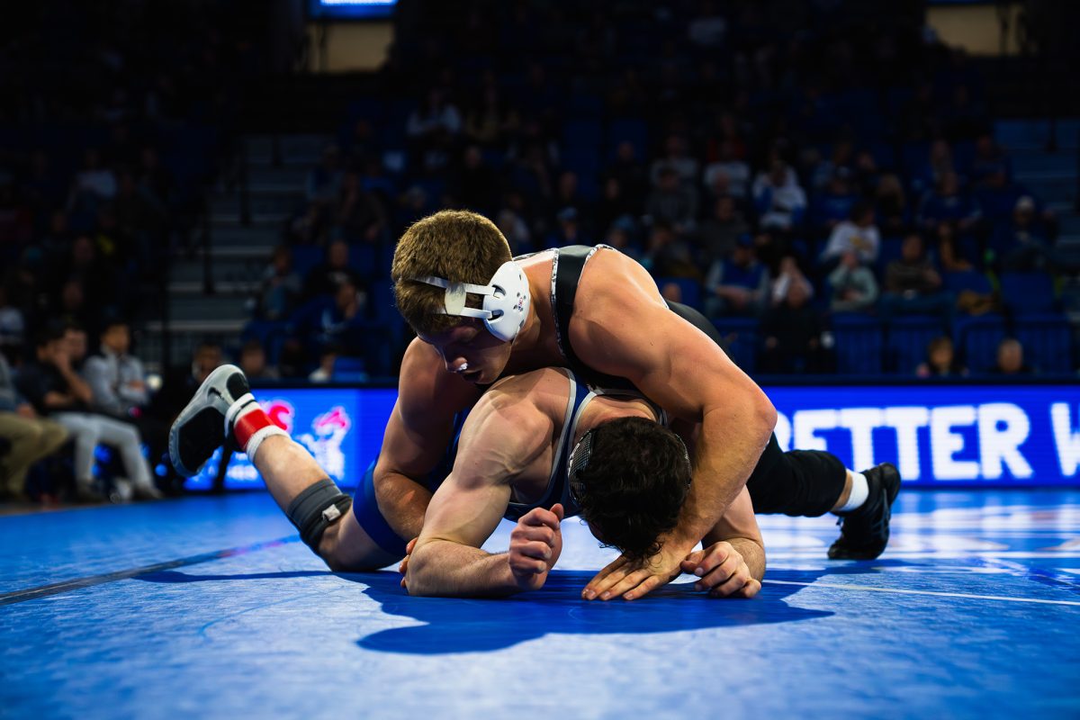 South Dakota State’s Bennett Berge at 197 pounds wrestles on top of United States Air Force Academy’s Owen Heiser at First Bank and Trust Arena in Brookings on Friday, Jan. 30, 2026. Berge won the dual in a 17-2 tech fall and scored five points for the Jackrabbits as they defeated the Falcons 37-5.