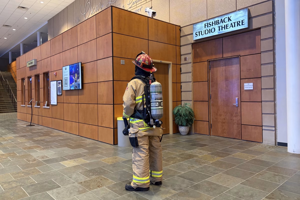 A Brookings firefighter stands outside the Fishback Studio Theatre inside the Oscar Larson Performing Arts Center on Wednesday, Feb. 4, 2026.