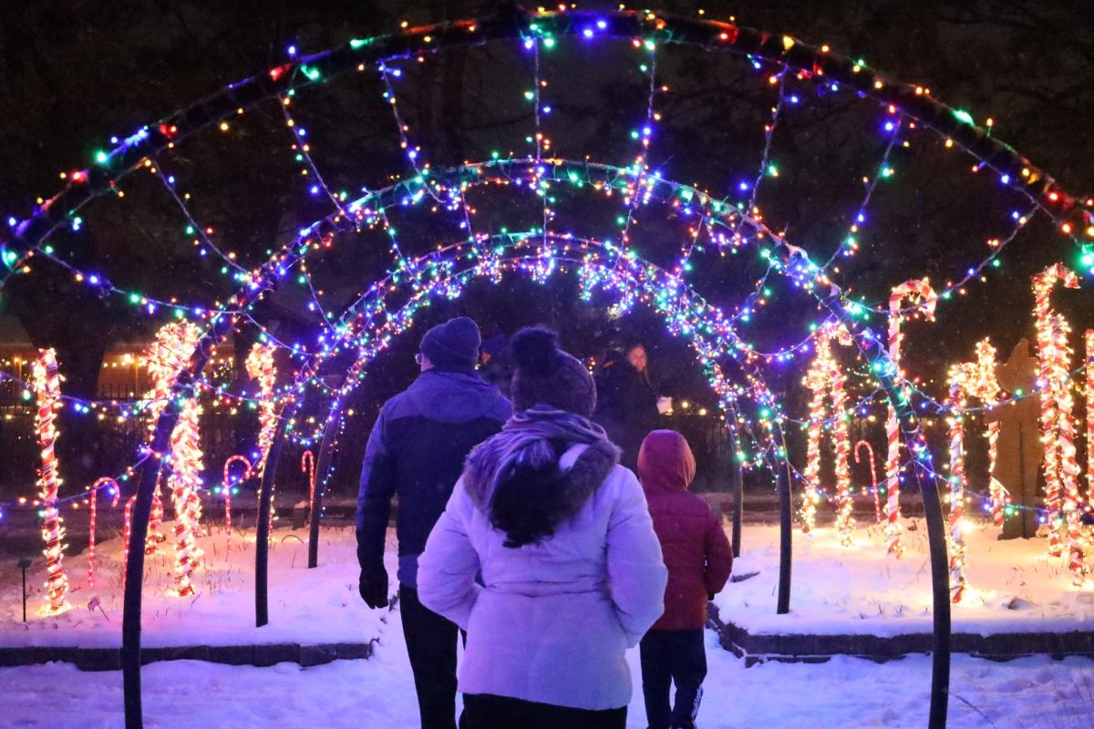 A family walks through a tunnel of lights at the 11th annual McCrory Gardens Garden Glow on Tuesday, Dec. 2, 2025, in Brookings. 