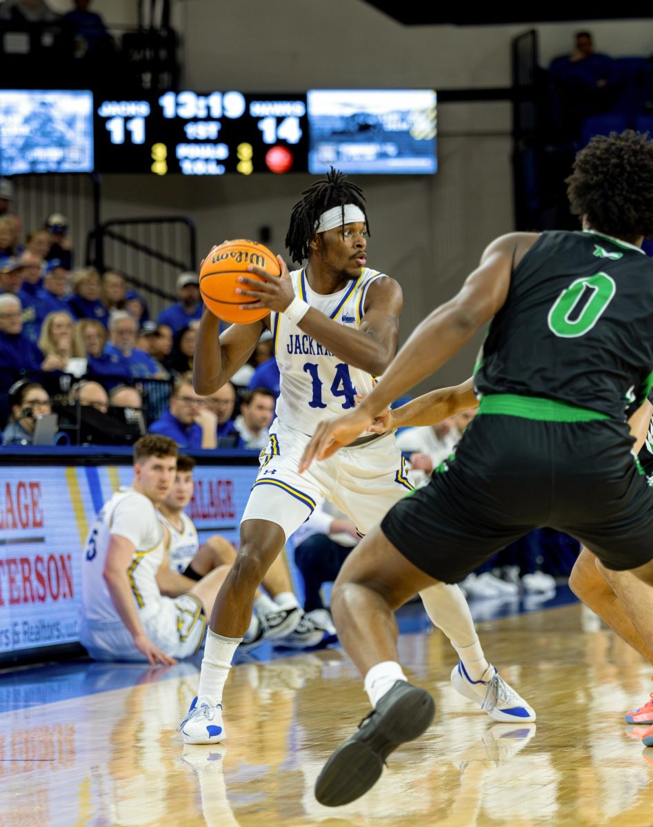 Jaden Jackson holds onto the basketball during a basketball game on Feb. 21, 2026 in First Bank & Trust Arena. Jackson had 13 points on 4-12 shooting while goin 4-11 from three.