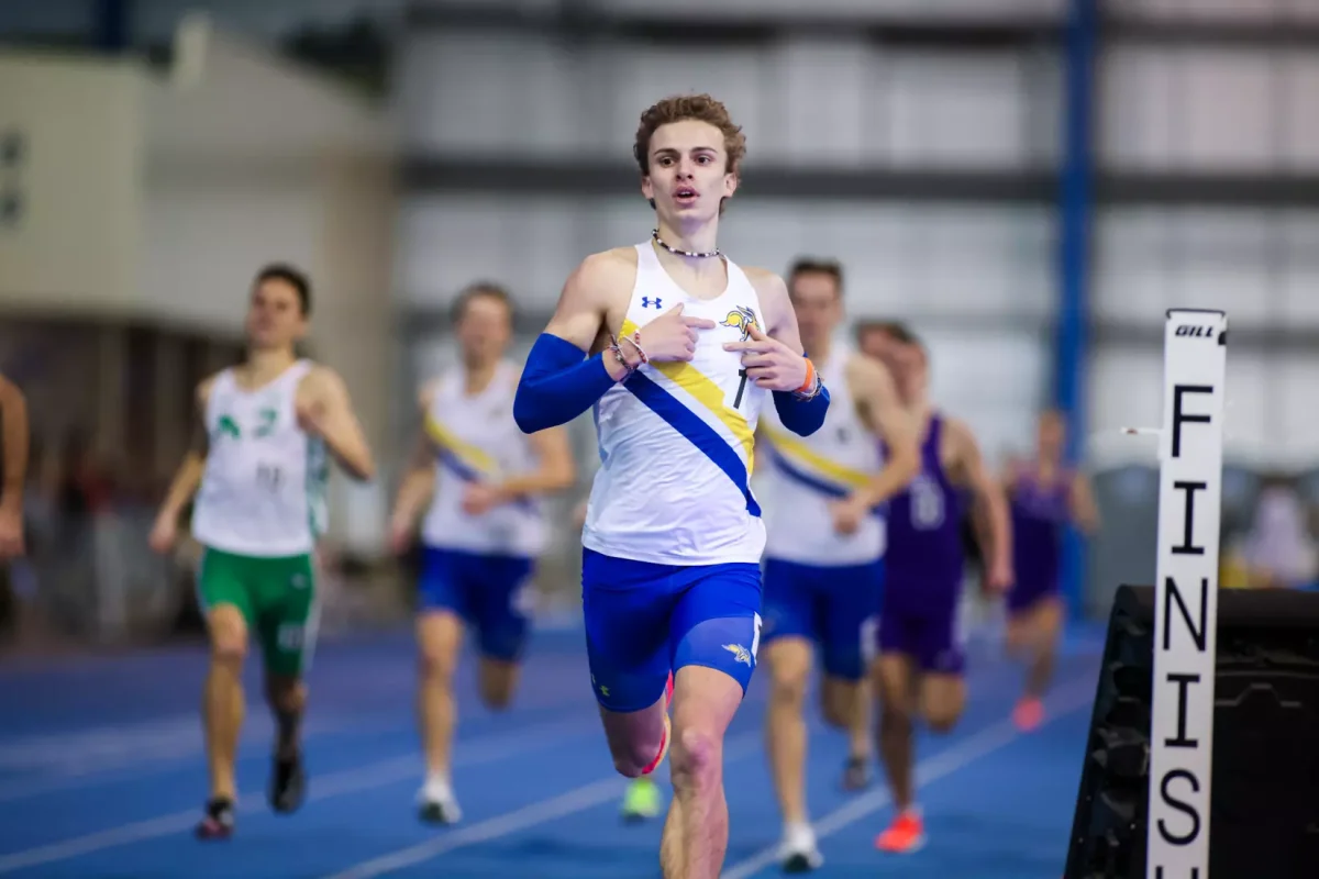 Junior Brandon Kampsen crosses the finish line as an SDSU record holder Feb. 6 at the Iowa State Classic, claiming the program’s 800m record by only two hundreths with a time of 1:49.80. The previous record was a 1:49.82 set in 2012 by Jake Schneller.