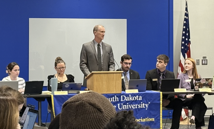 Interim UPD Police Chief Michael Drake addresses senators at the Monday night Student’s Association meeting in the Student Union on Feb. 2, 2026.  