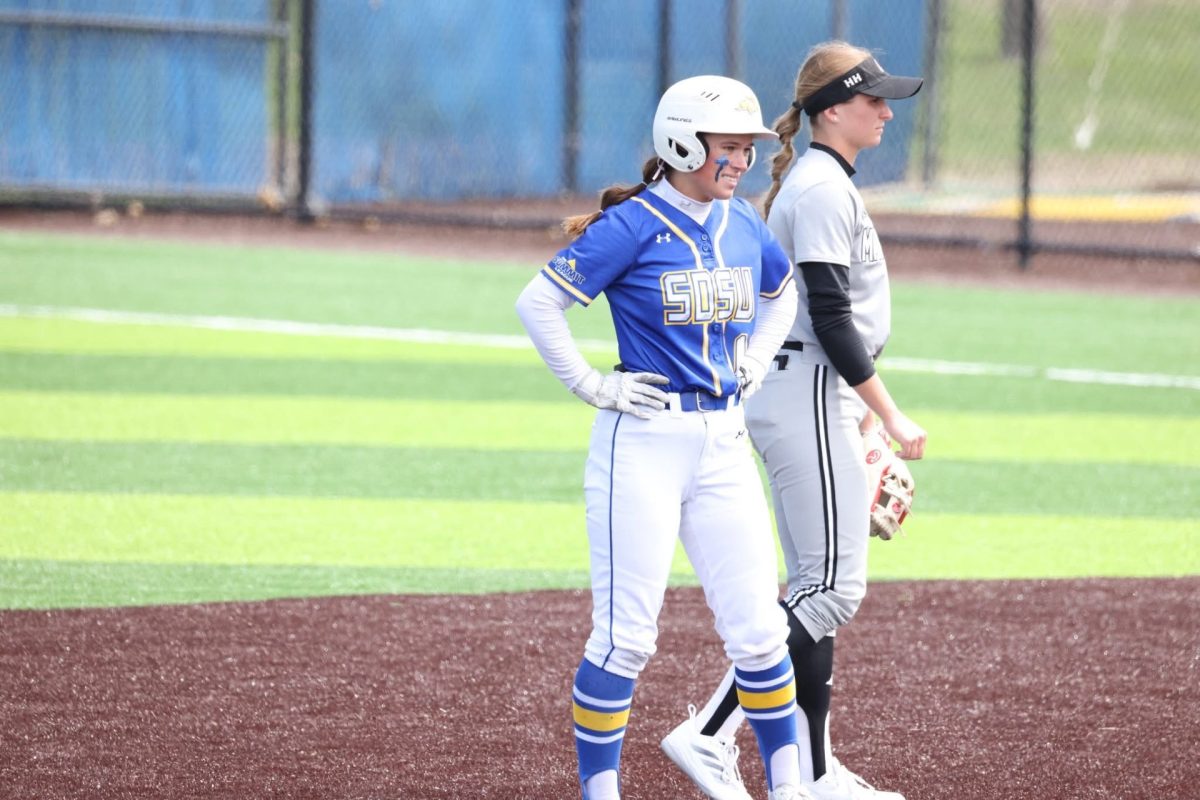 Senior outfielder Emma Christensen stands on second base in Brookings during a game in the 2025 season. So far in the 2026 season Christensen has earned three RBIs, two hits, two runs scored and one stolen base.
