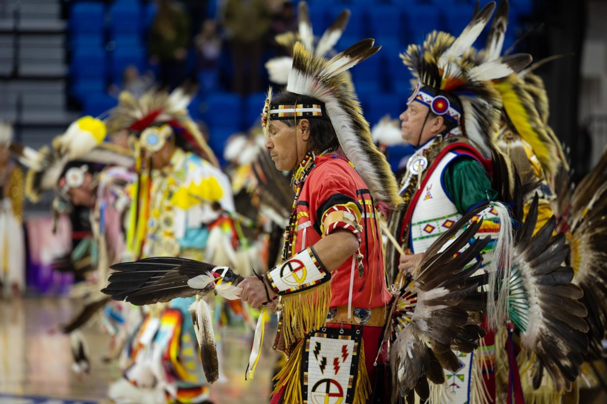 Pictured above are male dancers competing in the ‘men’s fancy’ type of dance during last year’s wacipi.