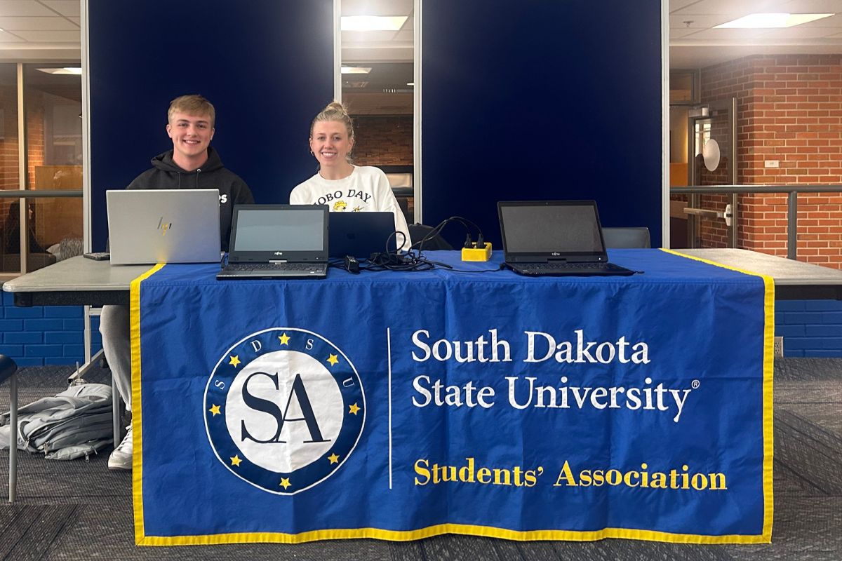 The in-person voting booth sits on the Market Stage in the Student Union on Wednesday, March 26, 2025. The 2026 election will be open until Wednesday, March 25, 2026 both on MyState and at the Market Stage.