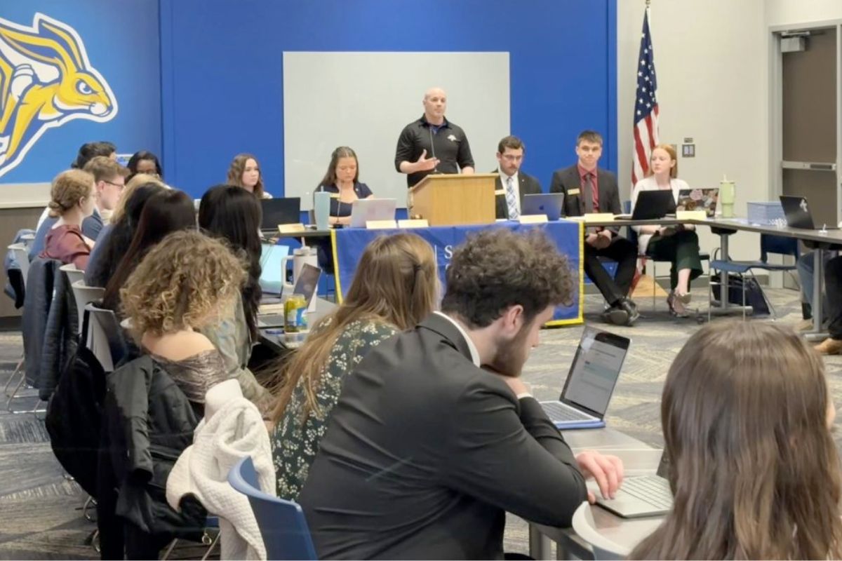 David Huffman, adviser for the International Relations Council, addressed Students’ Association to dispute the amount of funding IRC received in the General Budget Recommendation during the meeting on Monday, March 23, 2026.