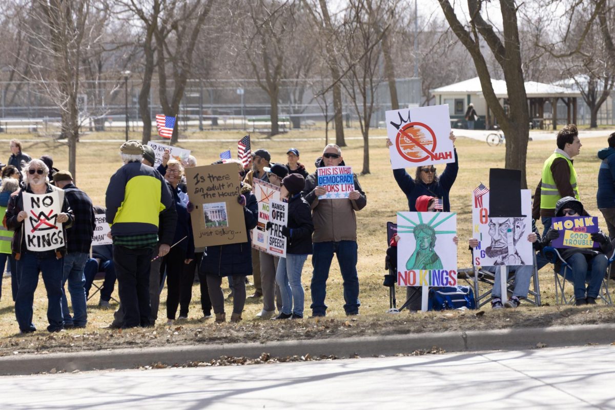 Protestors gather to protest at the No Kings Rally on Saturday, March 28, 2026, in Brookings, SD. 