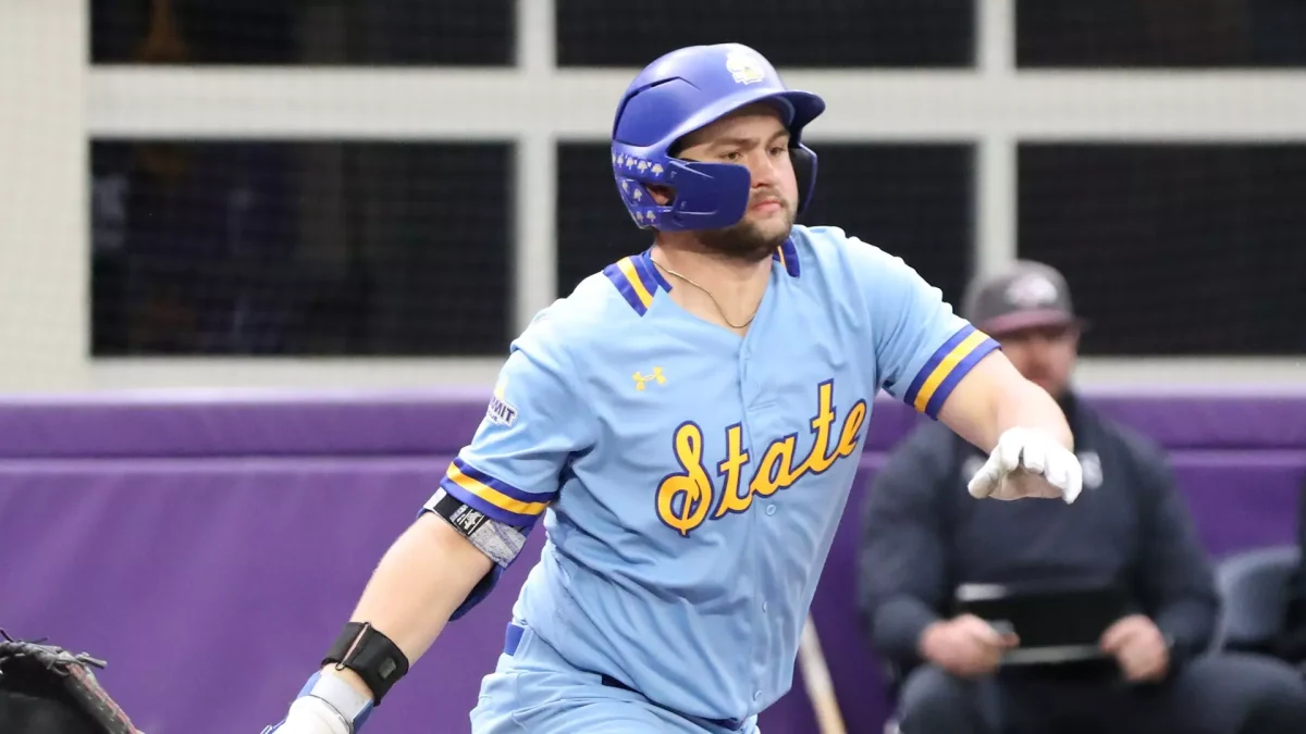 Dayton Franke swings the bat during the Cambria Classic at U.S Bank Stadium in Minneapolis. Over the course of the three game series against Northern Colorado, Franke had four runs, five hits and 6 RBIs