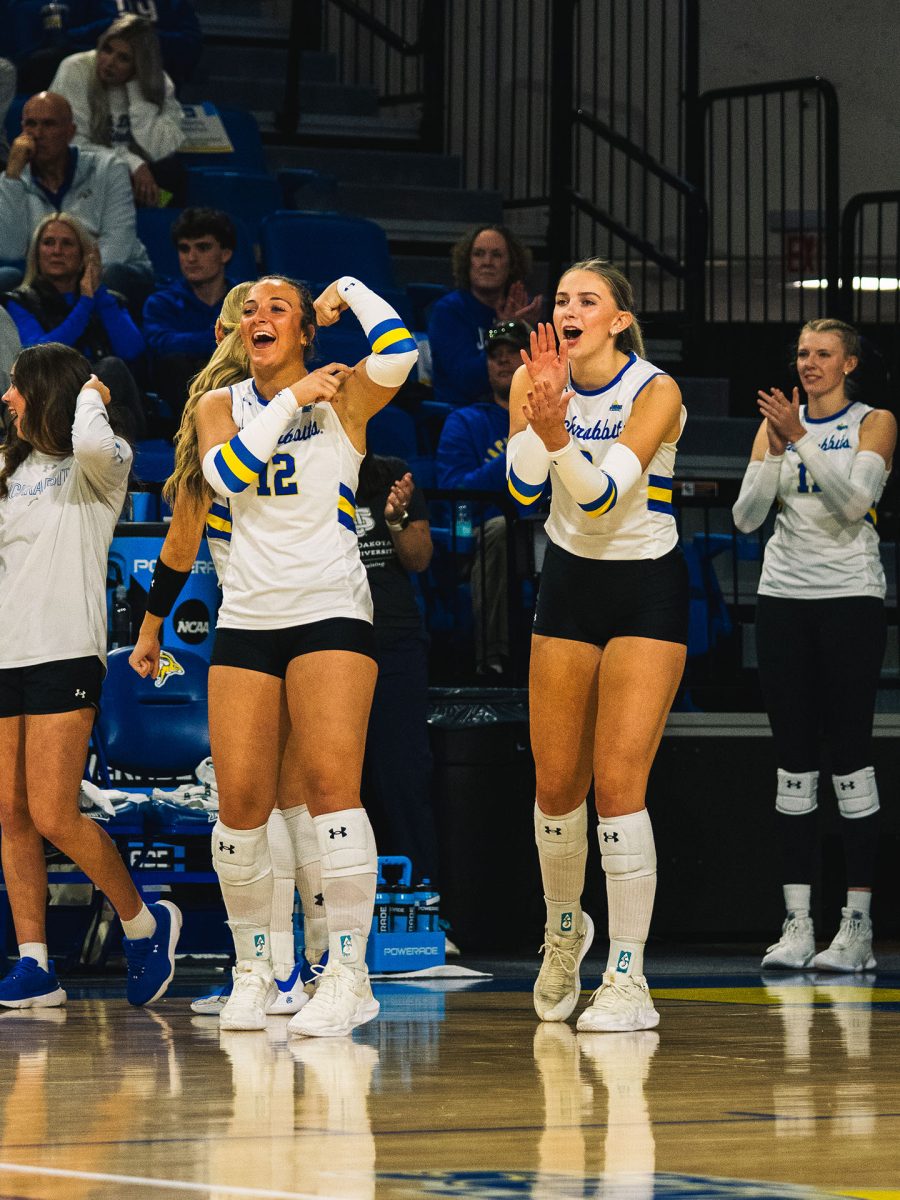 Freshman Brooke Larson and sophomore Katelyn Van Kirk celebrate in a match last season at First Bank & Trust Arena