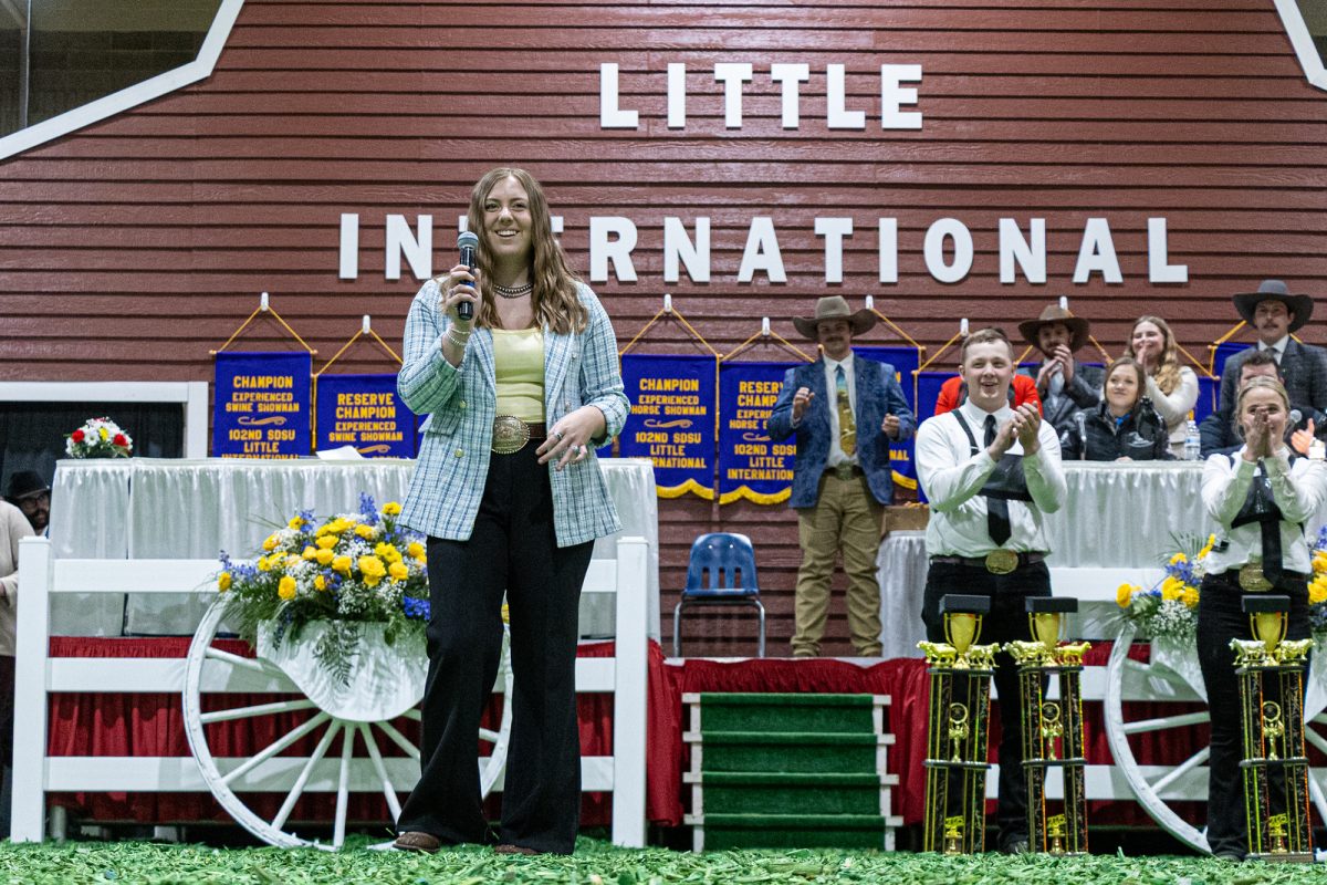 The 103rd Little International (Little I) Manager, Cassidy Strommen, presents the awards at last year’s event on March 28 and 29, 2025, in Brookings, SD.     