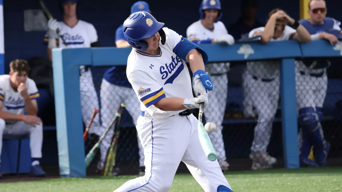 Junior SDSU infielder Luke Luskey hits a ball against NDSU in their two game series in Brookings Friday March 20 and Saturday March 21. The Jacks split the series against the Bison and Luskey recorded four hits and six RBIs in the two games.
