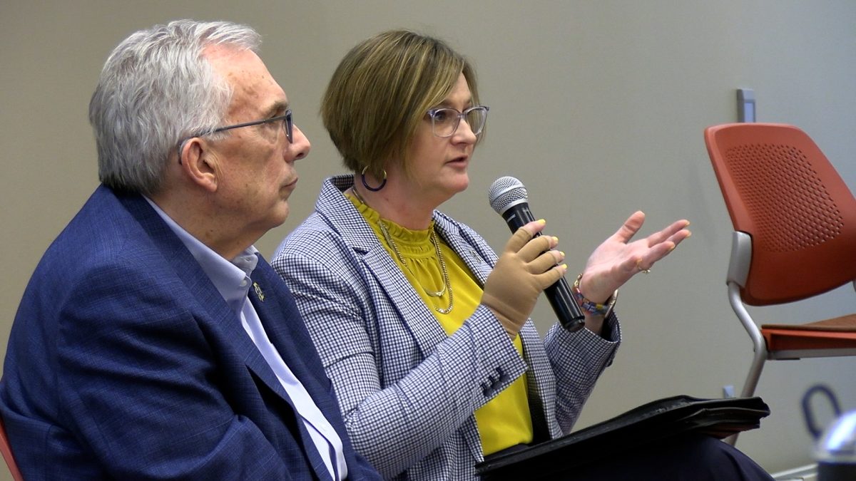 SDSU President Dunn and Vice President Willis address attendees’ concerns on March, 12, 2026, in the American Indian Student Center.