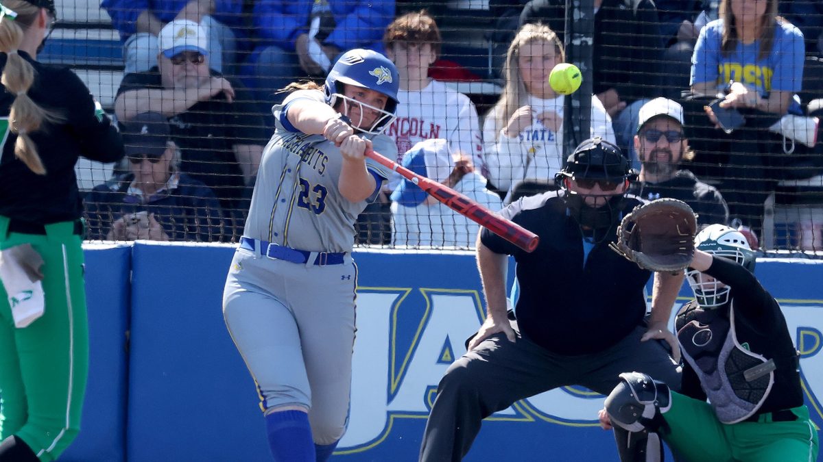 South Dakota State’s Allie Boyle (23) swings at a pitch from North Dakota’s Tehya Armstrong (7) during a college softball game against North Dakota on Sunday, March 29, 2026, at Jerald T. Moriarty Field in Brookings 