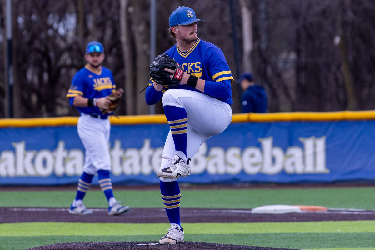 South Dakota State pitcher Drew McDowell prepares to deliver a pitch during a college baseball game against Midland on April 14, 2026 at Erv Huether Field in Brookings.