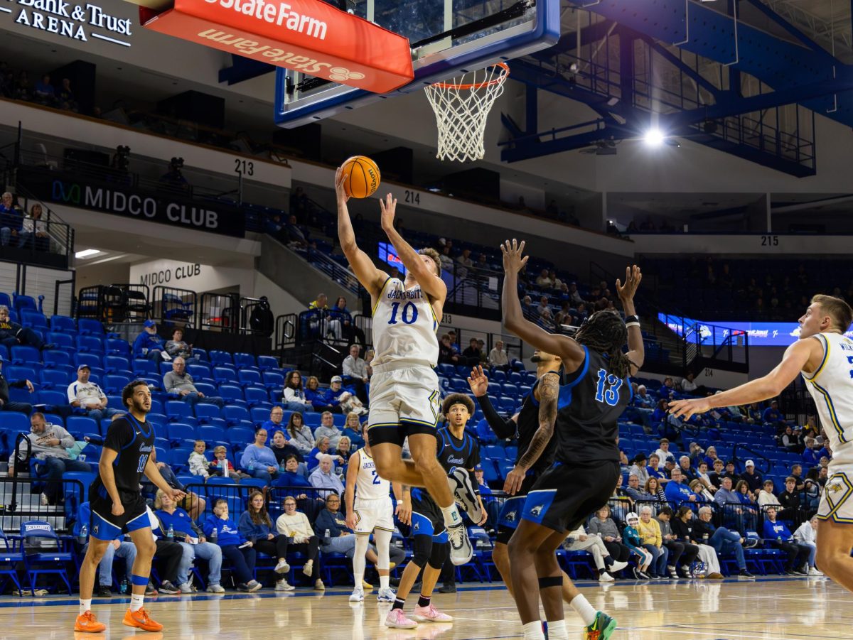 Kalen Garry shoots a layup during a basketball game against Mayvillen State. Garry averaged 10.7 points, 5.2 rebounds and 3.2 assists a game. 