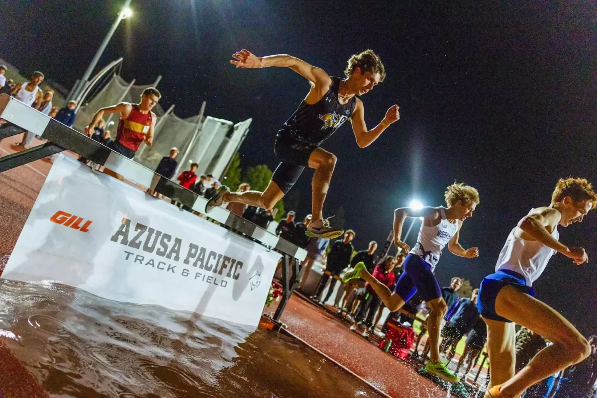 SDSU’s Cody Larson jumps over a hurdle in the 3000-meter steeplechase during the Bryan Clay Invitational on April 16, 2026. Larson won the Kwik Star Summit League Men’s Track Peak Performer of the Week from his performance in the meet. 